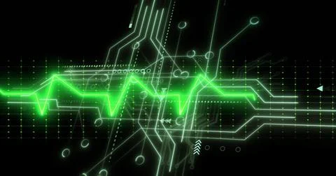 Pulsing neon green waveform traversing digital interface with circuit traces, Stock Illustration