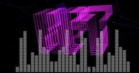 Pulsing neon magenta wireframe shape rotating within dark visualizer, with Stock Photos