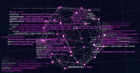 Pulsing neon network graph forming glowing nodes, lines and icons on virtual Stock Photos