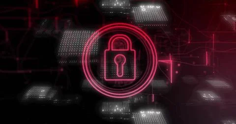 Pulsing neon pink padlock inside concentric rings in virtual network, with 스톡 일러스트