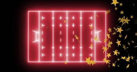 Pulsing neon rectangle showing dashed center markings and goal shapes at dark Stock Illustration
