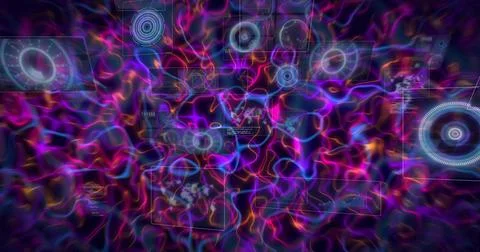 Pulsing neon wave network occupying holographic control space, showing HUD Stock Illustration