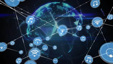 Pulsing network of blue nodes around dotted wireframe globe via thin white Stock Footage 330581459