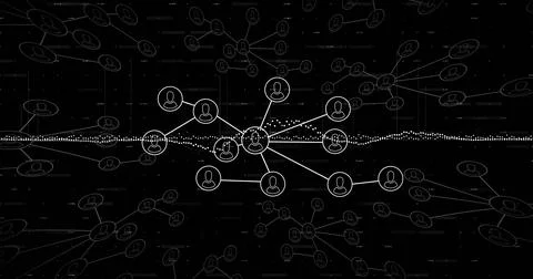 Pulsing network cluster on dark screen, with avatar nodes and connecting lines Stockfoto's