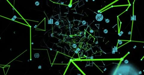 Pulsing network converging toward central vortex in cyberspace with neon lines Illustrazione stock