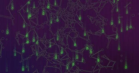Pulsing network of nodes and edges glowing in purple digital backdrop showing 库存插图