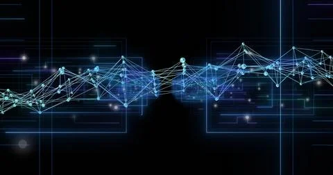 Pulsing network waveform spanning dark canvas, with glowing nodes, thin lines, Stock Illustration