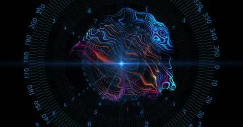 Pulsing neural-network wireframe forming brain shape on HUD, showing central Ilustração Stock