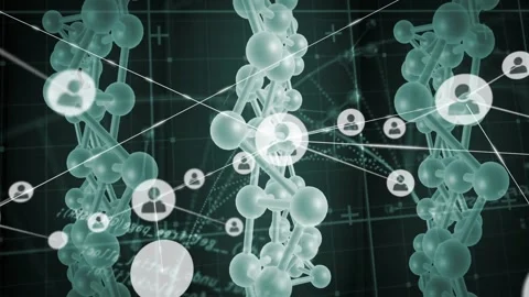 Pulsing node initiating network of white icons and lines across three cyan Video stock 331005276