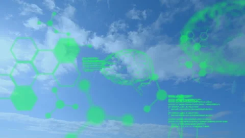 Pulsing nodes dimming hex grid, rotating network diagram and scrolling code Stock Footage 314085152