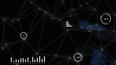Pulsing nodes starting blue panels sliding stacking drifting while gauges Stock Footage 334337468