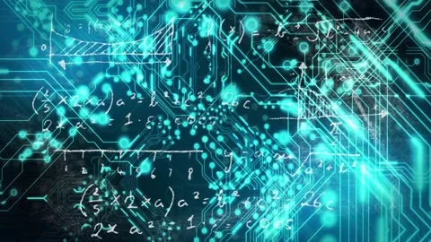 Pulsing nodes starting teal circuit net growing glows flowing and chalk math Stock Footage 329575900