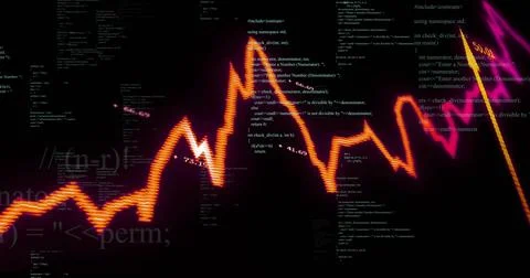 Pulsing orange waveform stretching across virtual canvas, intersecting C++ code, Illustrazione stock