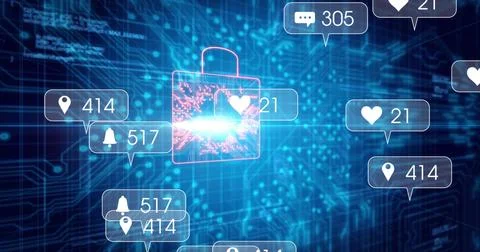 Pulsing padlock showing circuitry core glow in virtual grid, with alert bubbles Stock Photos