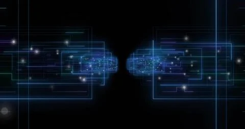 Pulsing paired data nodes flowing toward center in digital network, with nest Stock Illustration