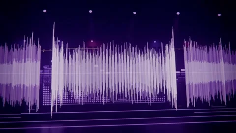 Pulsing pale-purple waveform visual reacting to audio beats on dark stage LED Stock Footage 341865034
