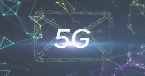 Pulsing particle envelope icon emitting 5G signal in dark digital backdrop, with Stock Illustration