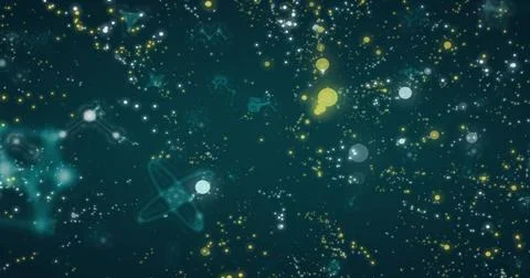 Pulsing particle field glowing on deep teal backdrop, with luminous points, 스톡 일러스트