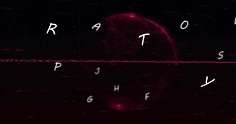 Pulsing particle globe centered on black showing red dotted waveform, floating Stock Illustration