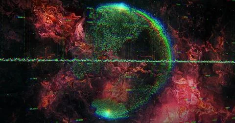 Pulsing particle orb rotating in cosmic display, streaming dotted data wavefo Stock Illustration
