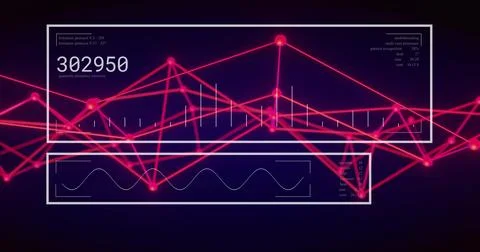 Pulsing pink network graph in white UI frames showing 302950 readout, sine wave 写真素材