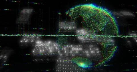 Pulsing point-cloud globe glowing right over dot-matrix plane, showing binary Stock Illustration
