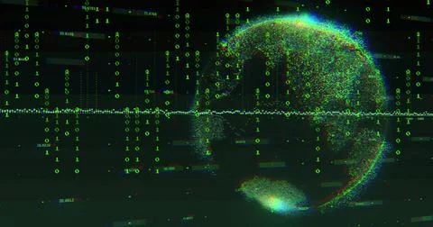 Pulsing pointcloud globe emitting green binary streams, central waveform in Stockillustratie