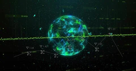 Pulsing polygonal data sphere rotating in virtual UI, intersecting waveform, Stock Illustration