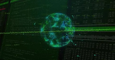 Pulsing polygonal globe rotating at network dashboard, showing waveform, hex Illustrazione stock