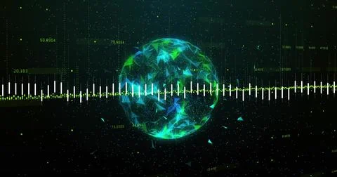 Pulsing polygonal globe rotating in virtual data field, with waveform, numeric Stock Photos