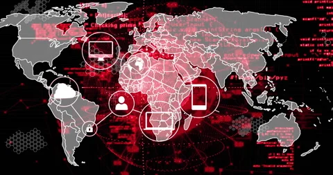 Pulsing red 3D globe flowing red code then locking regions and linking devices Stock Footage 310662703