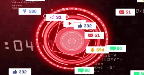 Pulsing red HUD and notification badges floating on digital dashboard, showing Illustrazione stock