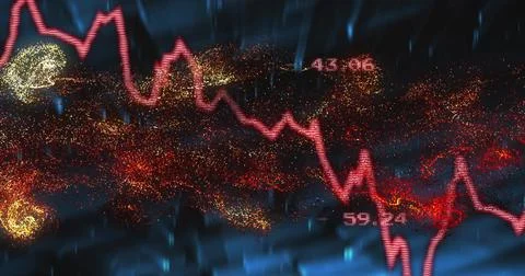 Pulsing red jagged line graph moving across screen, with glowing numeric Stock Illustration