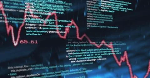 Pulsing red line graph sweeping over transparent source code dashboard, showing Stock Illustration