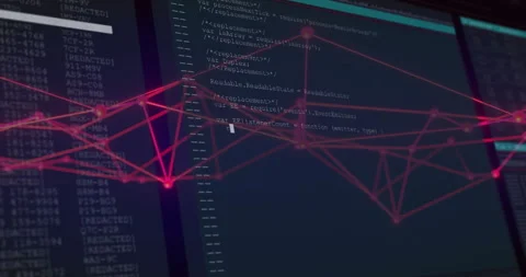 Pulsing red network graph starting pullback over console monitors syncing JS Stock Footage 315551157