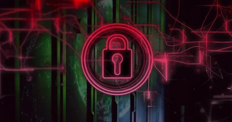 Pulsing red padlock icon in circle in server center, with neon circuits and Stock Photos