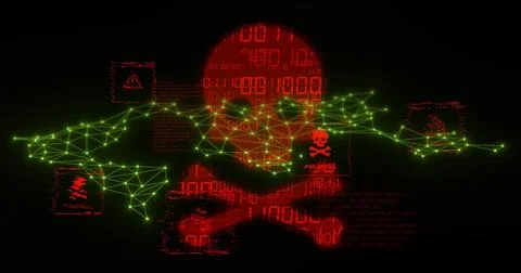 Pulsing red skull with crossbones in binary centering cyberspace, neon mesh and Stock Photos