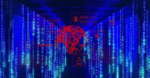 Pulsing red translucent network globe hovering over server-rack corridor, with 스톡 일러스트
