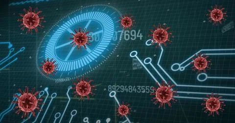 Pulsing red virus particles floating over interface with circuit traces, numeric Stock Illustration