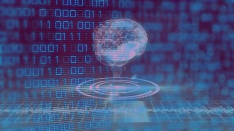 Pulsing ring sparking hologram brain hovering rotating as binary scrolling Stock Footage 333833315