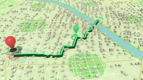 Pulsing ring starting navigation extending green route via waypoints across 3D Stock Footage 339193971