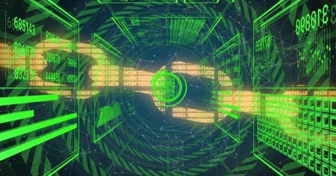 Pulsing ringed reticle drawing depth through neon wireframe tunnel, with Stock Photos