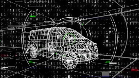 Pulsing scanning ring initiating van rotating while streaming grid showing live Stock Footage 313639799