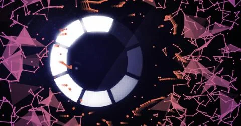 Pulsing segmented ring circling dark core in digital HUD, with magenta mesh and 写真素材