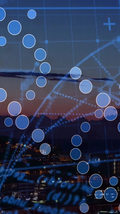 Pulsing semi-transparent blue node overlay animating above dusk city skyline at Video stock 330210105