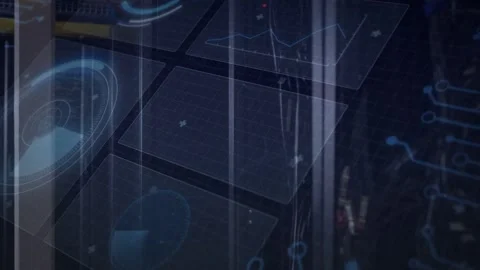 Pulsing server rack with HUD elements appearing, code blocks flashing in data Stock Footage 332881958