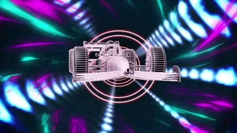 Pulsing spiral driving wireframe car forward, neon rings expanding, streaks Stock Footage 338356378