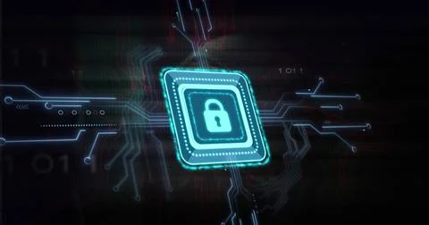 Pulsing square microchip with padlock sending neon teal traces and securing data Stock Illustration