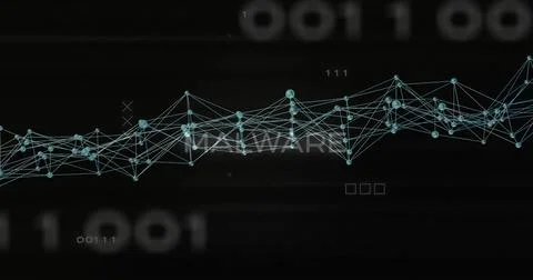 Pulsing stylized cyan node-link network forming waveform on black background, 库存插图