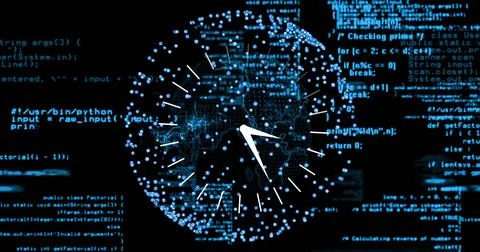 Pulsing stylized dotted digital globe projecting rotating clock hands over cyber Stock Illustration